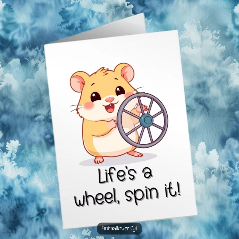 Funny Free Printable Birthday Card: Energetic hamster with toy wheel, eager to celebrate your special day with speed!