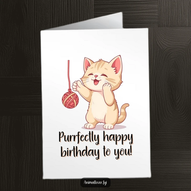 Funny Free Printable Birthday Card: A mischievous kitten gleefully playing with a large ball of yarn, a playful DIY greeting.