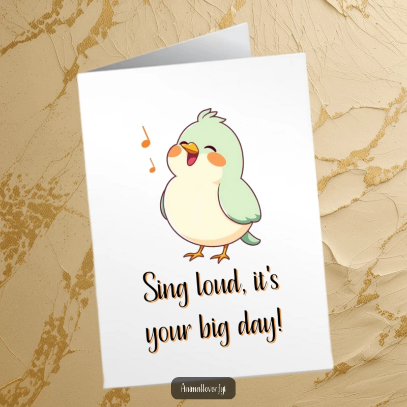 Funny Free Printable Birthday Card: A happy bird with puffed chest sings a cheerful tune, celebrating a birthday with delight.