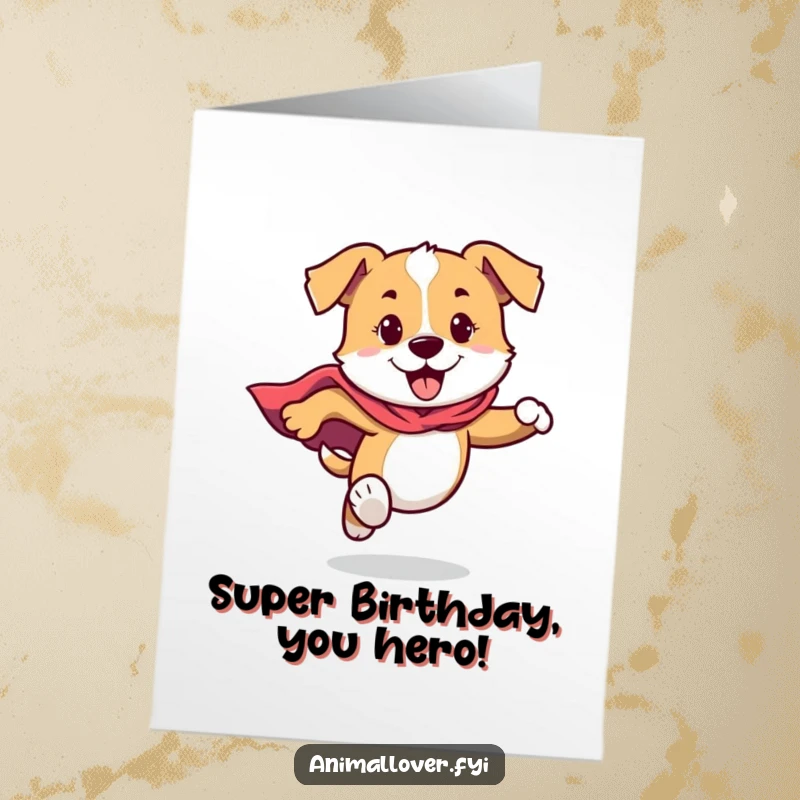 Funny Free Printable Birthday Card: A dog in a cape runs with superhero speed and energy, delivering birthday wishes with gusto. Downloadable fun.