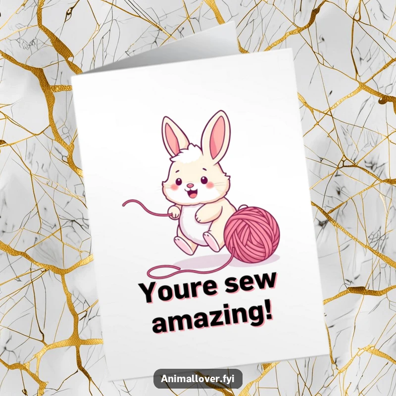 Funny Free Printable Congrats Card: A determined bunny enthusiastically chasing yarn, celebrating a successful moment.