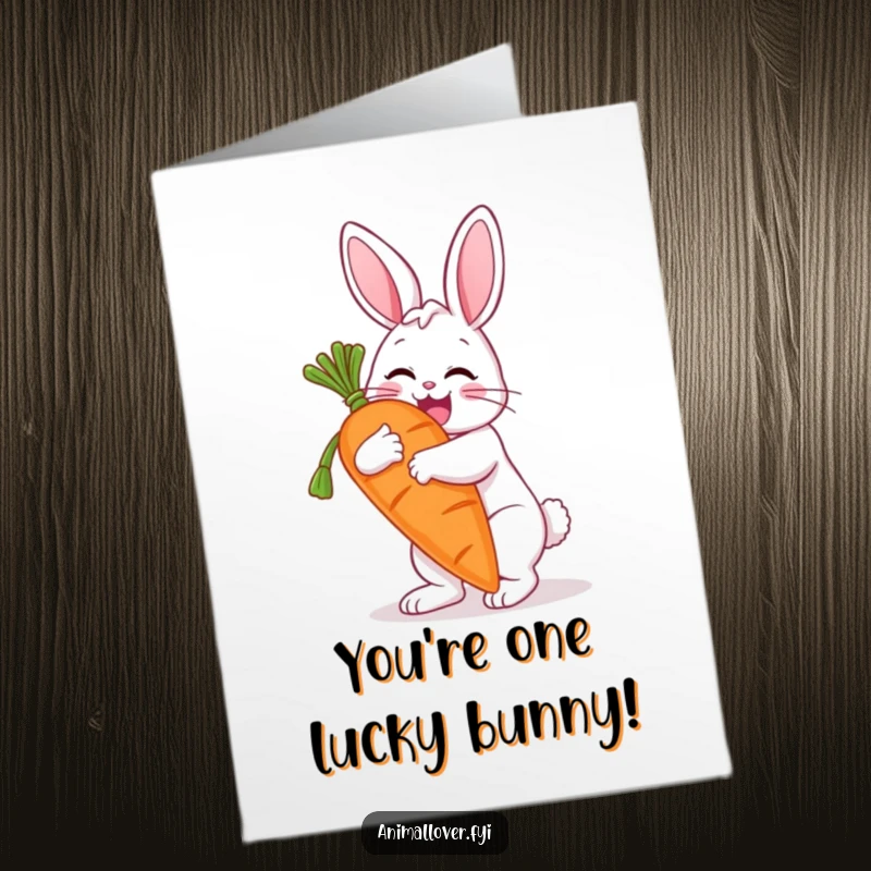 Funny Free Printable Congratulations Card: A joyful bunny embracing an enormous carrot, celebrating big wins, downloadable art.