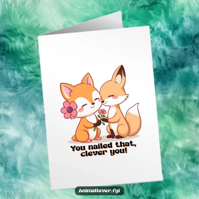 Funny Free Printable Congratulations Card: A smiling fox offers a flower to another animal, symbolizing heartfelt congratulations.