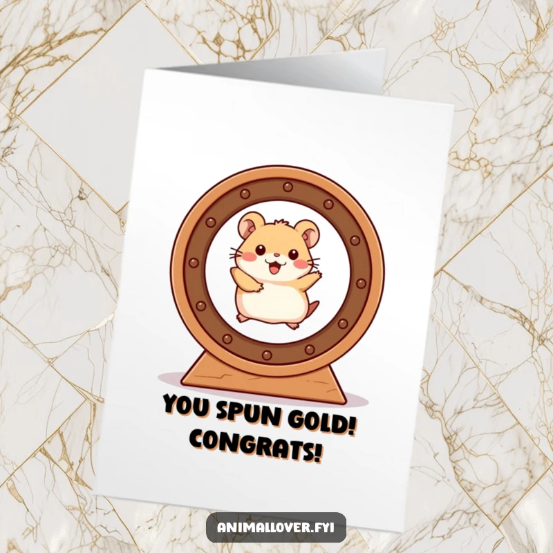 Funny Free Printable Congratulations Card: Excited hamster victoriously races in a wheel, perfect for celebrating achievements. Downloadable fun.