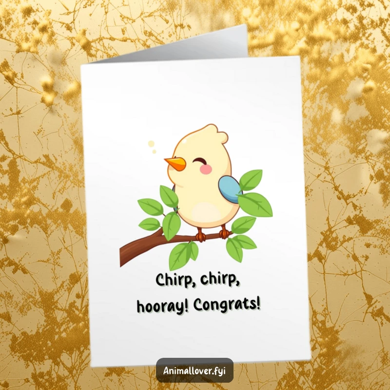 Free Printable Congratulations Card: A cheerful bird chirps happily on a branch, celebrating your success with sweet melody. Downloadable joy.