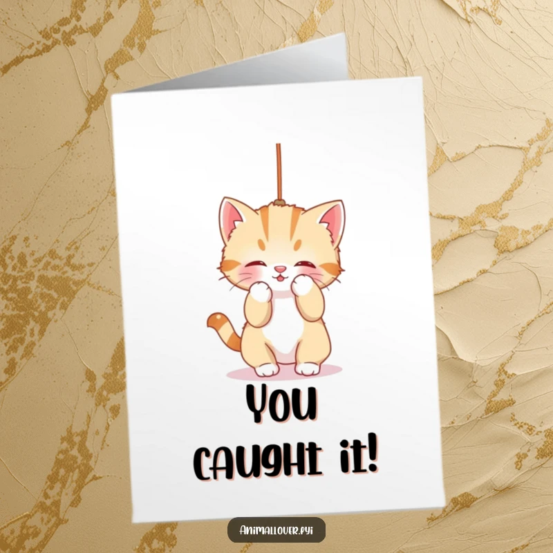 Funny Free Printable Congratulations Card: Cute kitten playfully swats at a dangling string, celebrating a happy occasion.