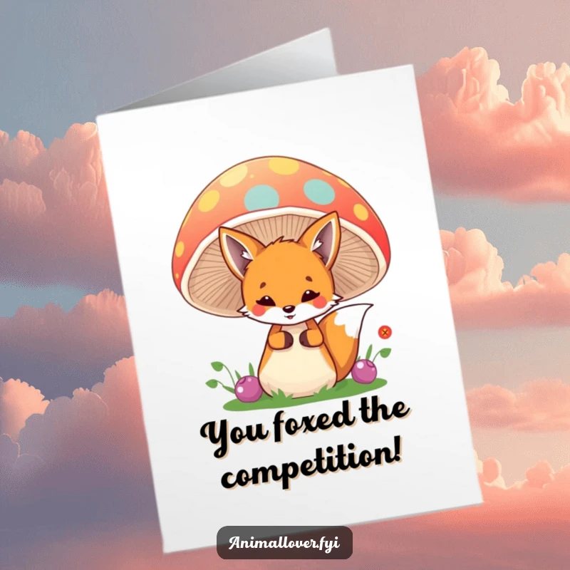 Funny Free Printable Congratulations Card: A mischievous fox peeking from behind a large, vibrant mushroom.