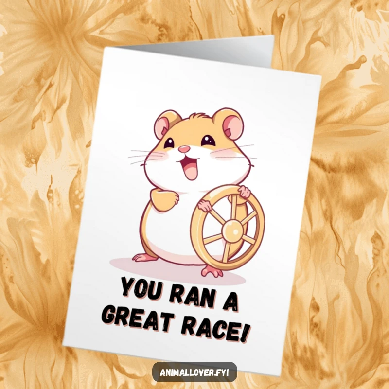 Funny Free Printable Congratulations Card: An energetic hamster vigorously pushing a small wheel.