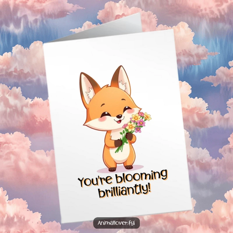 Funny Free Printable Congratulations Card: A happy fox showcasing a bouquet of tiny flowers, celebrating success, downloadable art.