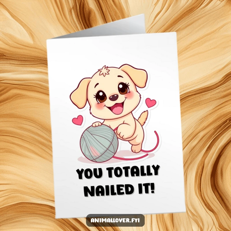 Funny Free Printable Puppy Congratulations Card: A puppy's joyful yarn chase for a heartwarming congratulatory message.
