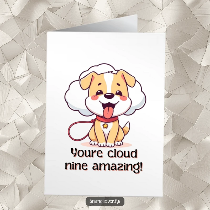 Funny Free Printable Dog Congratulations Card: A happy dog strolls with a cloud on a leash to mark achievements.