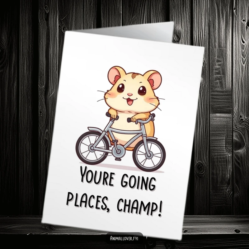 Funny Free Printable Congratulations Card: A hamster on a tiny bike rides fast with wide eyes, cheering for a winner.