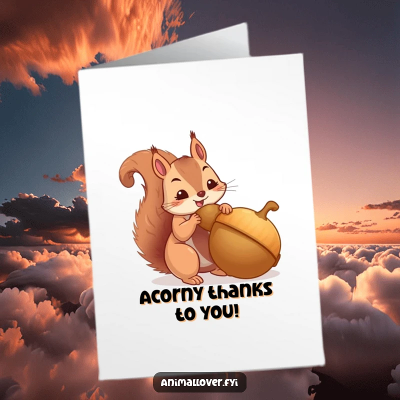 Funny Free Printable Thank You Card: A determined squirrel clutching a giant acorn, expressing sincere thanks, downloadable art.