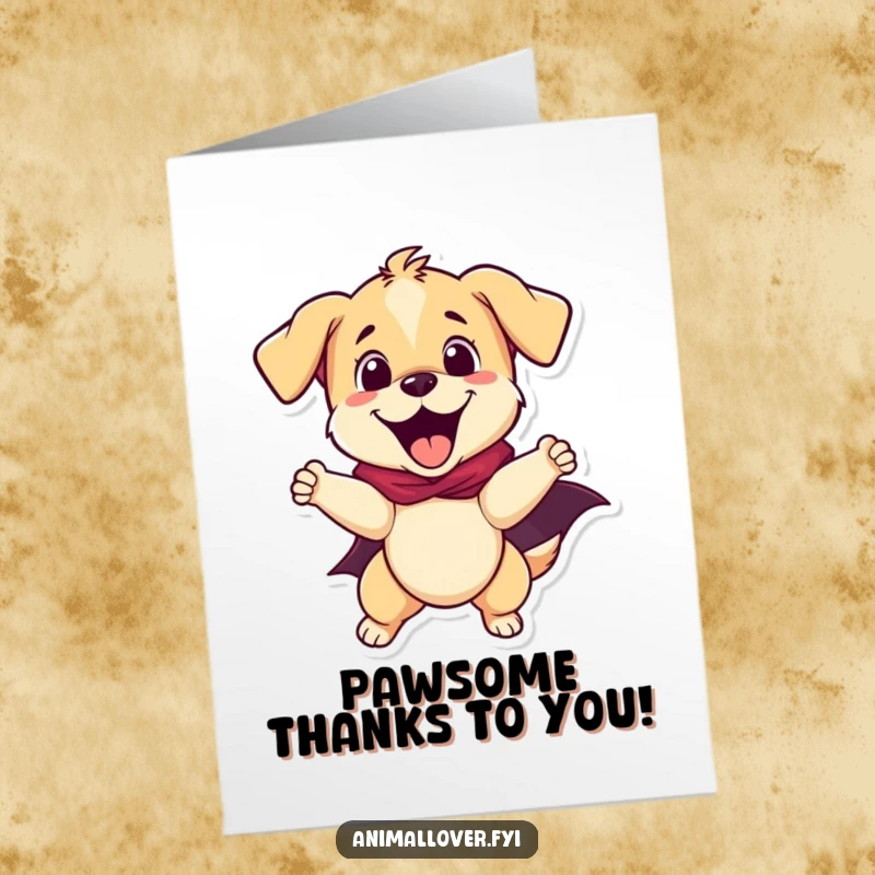 Funny Free Printable thank you card: A caped puppy superhero lands with flair, delivering thanks with a wagging tail and heroic charm.