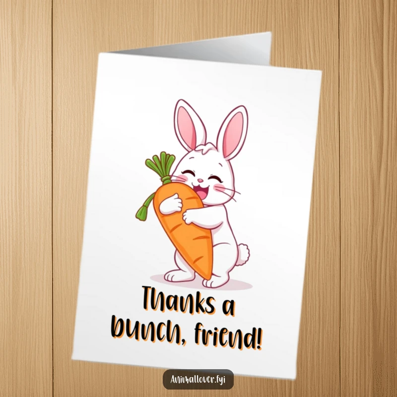 Funny Free Printable Thank You Card: A bunny hugging a super-sized carrot, expressing overwhelming gratitude, downloadable art.