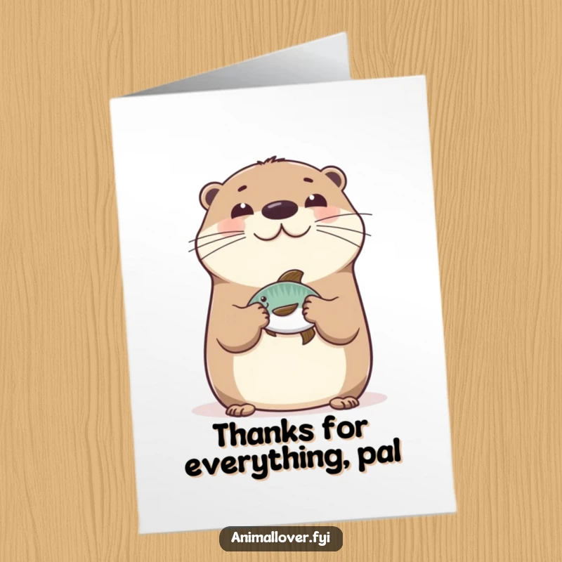 Funny Free Printable Thank You Card: Happy otter balances a fish on its nose, offering thanks with charming skill, downloadable, print at home.