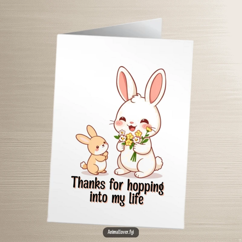 Funny Free Printable Rabbit Thank You Card: A cheerful rabbit offers a delicate bouquet of flowers as a thank you.