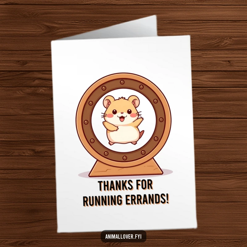 Funny Free Printable Thank You Card: Joyful hamster spins in a wheel, conveying thanks with energetic gratitude. Instant download joy.
