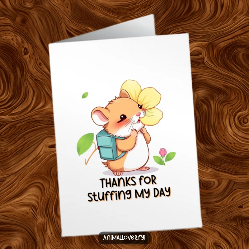 Funny Free Printable Hamster Thank You Card: A curious hamster with a backpack sniffs a flower, conveying thanks.