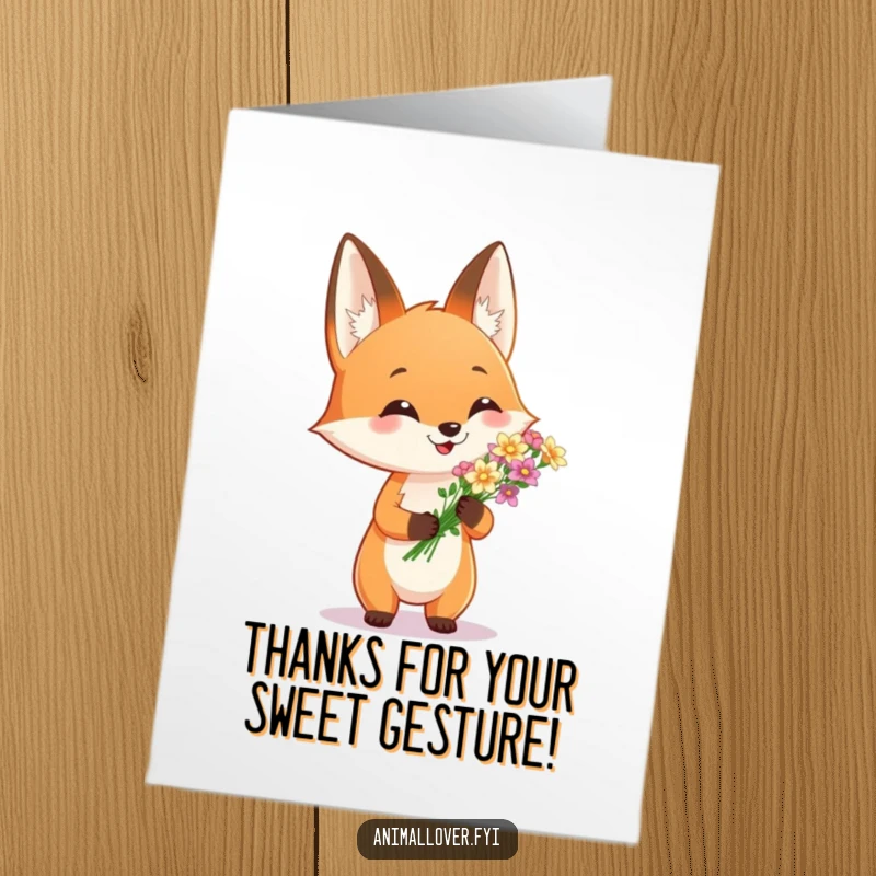 Funny Free Printable Thank You Card: A happy fox holding a bouquet of small flowers, expressing sincere thanks, downloadable art.