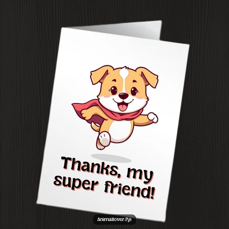 Funny Free Printable Thank You Card: A dog in a cape runs with boundless energy, delivering thanks faster than a speeding bullet. Heroic download.