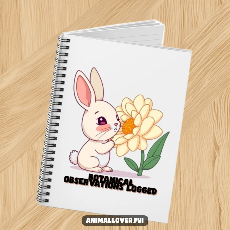 Funny notebook cover of a curious rabbit sniffing a giant flower, inspiring nature-themed journaling.