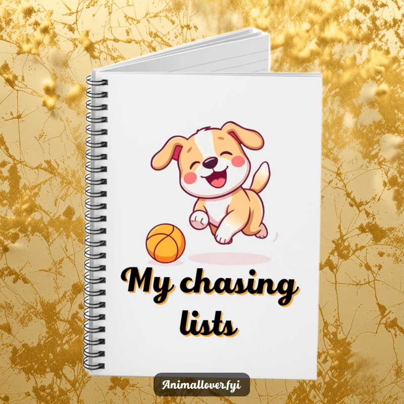 Funny Notebook cover showing a playful dog with a wagging tail chasing a bouncing ball, inspiring energetic note-taking.