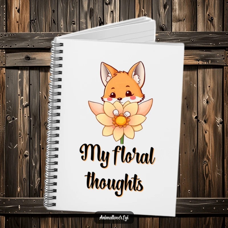 Funny notebook with a curious fox peeking from behind a flower, perfect for jotting down playful ideas.