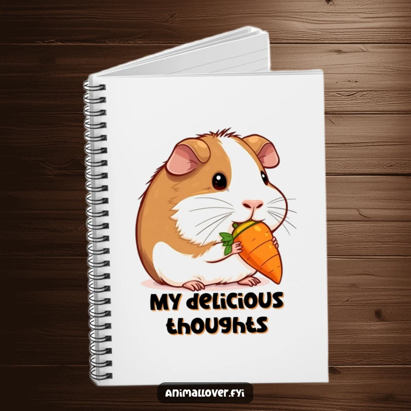 Funny contented guinea pig nibbling a miniature carrot on a notebook, perfect for notes with a cute and humorous theme.