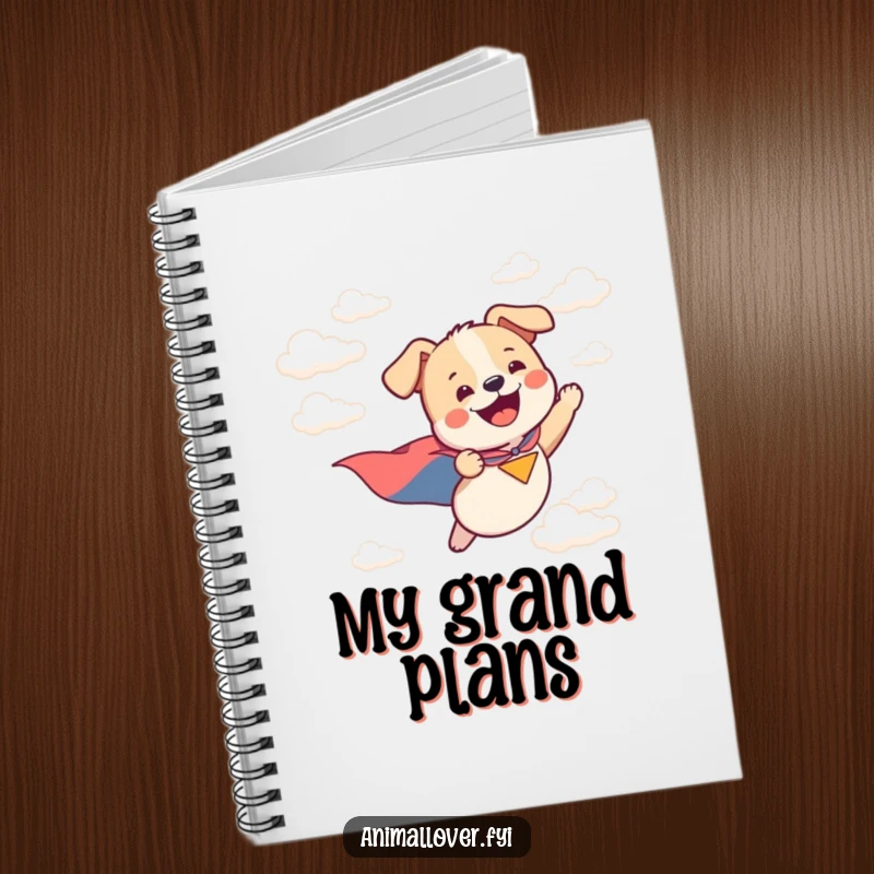 Funny notebook with a caped dog flying through clouds, inspiring creativity and joy for note-taking.