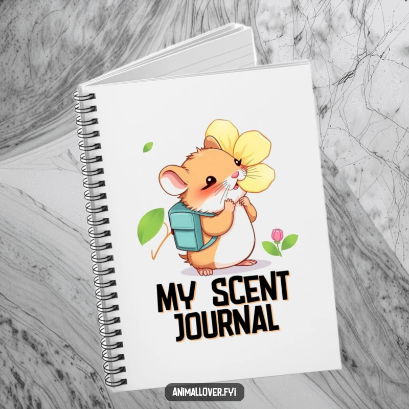 Funny Hamster Notebook: Lined pages featuring a curious hamster wearing a backpack and eagerly sniffing a large, vibrant blossom.