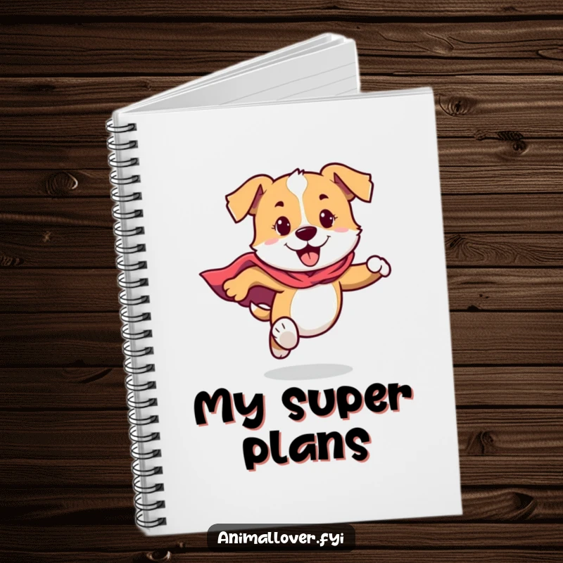 Funny Dog Notebook featuring a dog in a cape running with energy, perfect for jotting down heroic ideas.