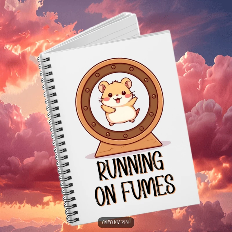 Funny Hamster Notebook illustrating a hamster's energetic sprint in a wheel, perfect for jotting down funny thoughts.