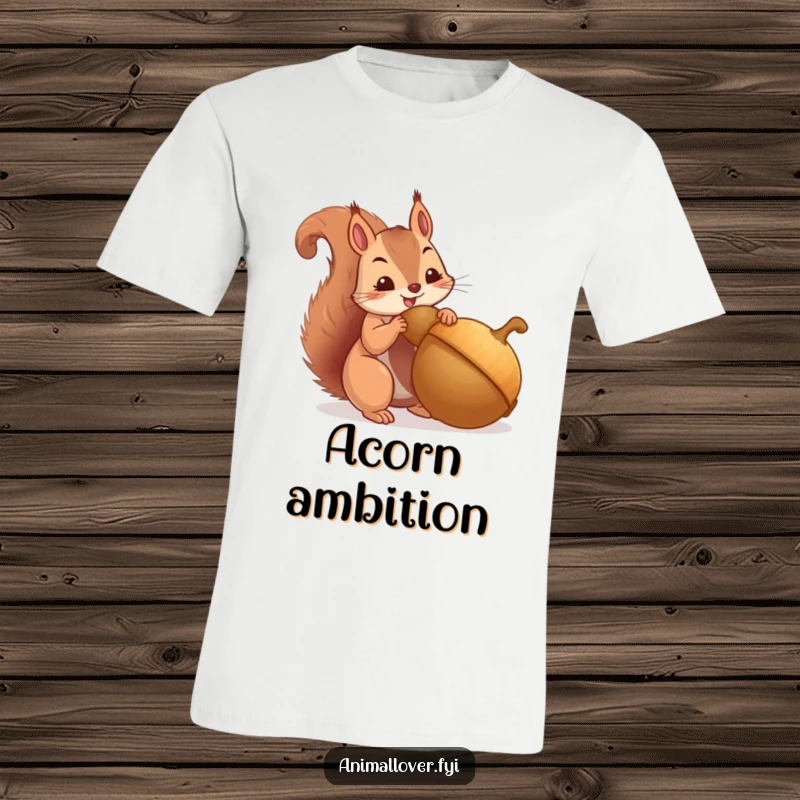 Funny t-shirt featuring a determined squirrel happily hoarding an oversized acorn, representing ambition. A great gift for collectors.