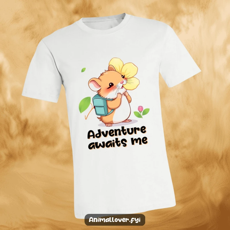 Funny Hamster T-Shirt: A comical design of a hamster with a backpack intently sniffing a large, colorful blossom.