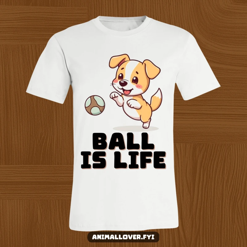 Funny t-shirt showcasing a dog character mid-fetch, ball in mouth, tail wagging with excitement. Pure doggy joy.