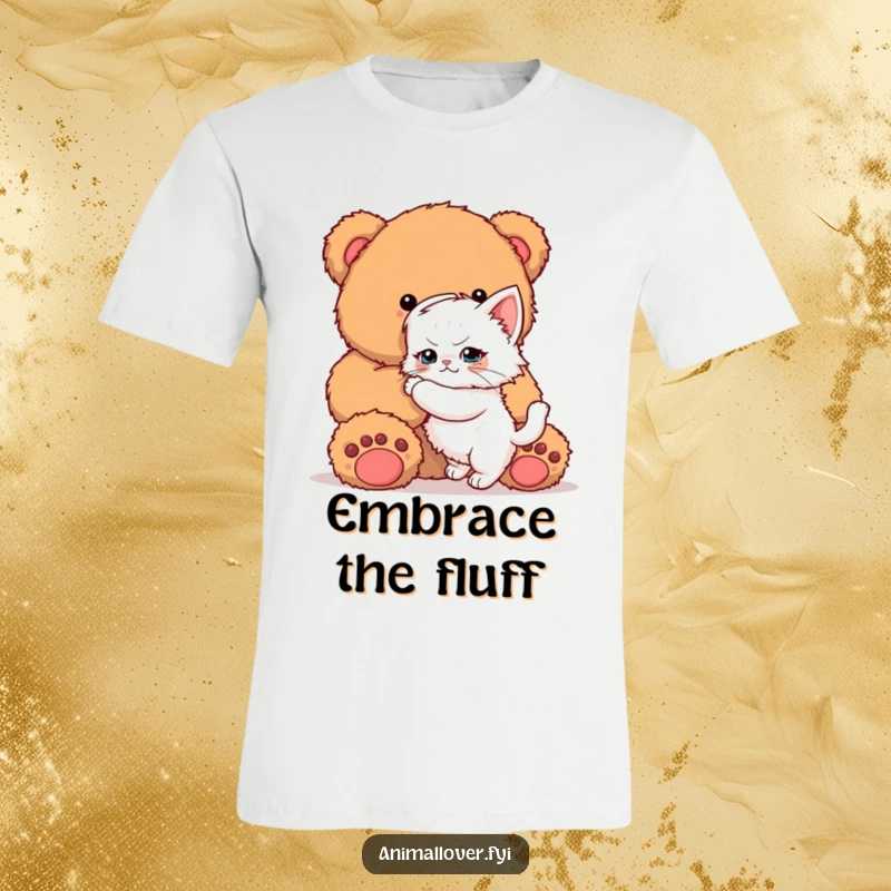 Funny Kitten T-Shirt: A comical design of a small, determined kitten striving to embrace a much larger teddy bear.