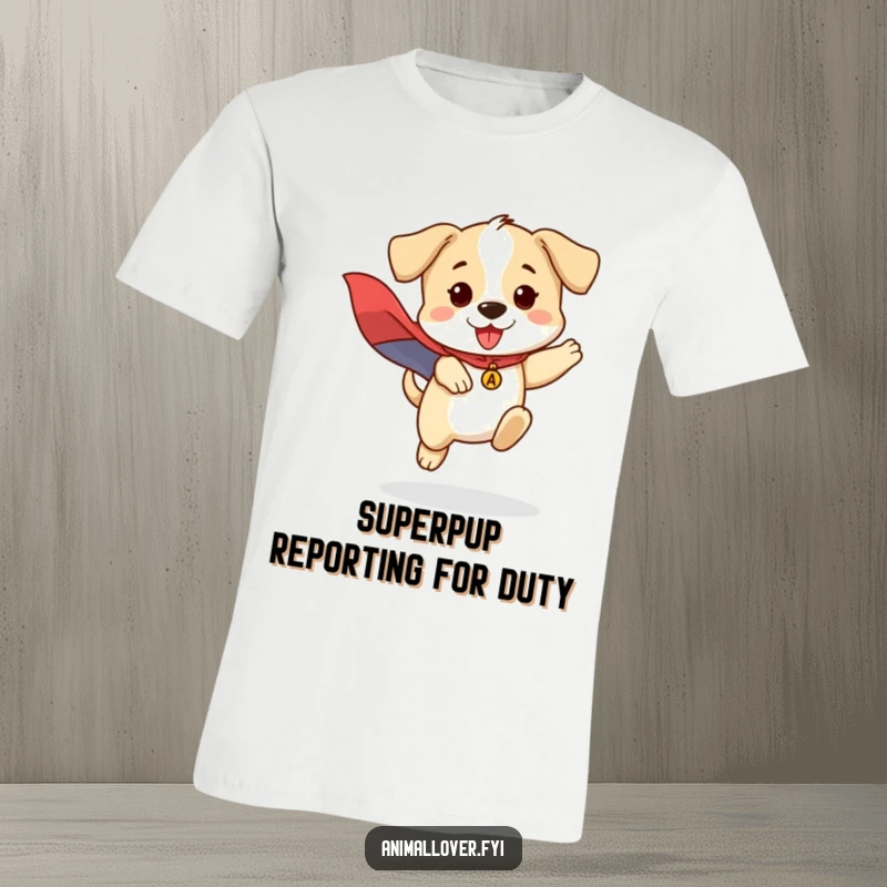 Funny t-shirt graphic of a brave puppy in a superhero cape, mid-jump, ready for adventure and laughs.