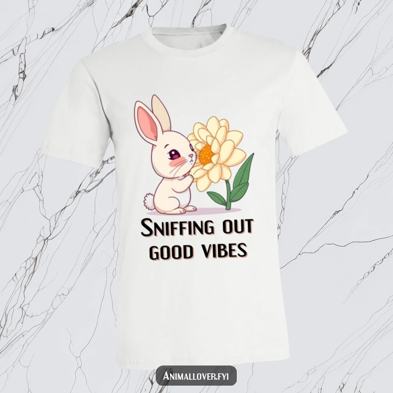 Funny t-shirt graphic of a curious rabbit with its nose close to a giant flower, exploring its scent.