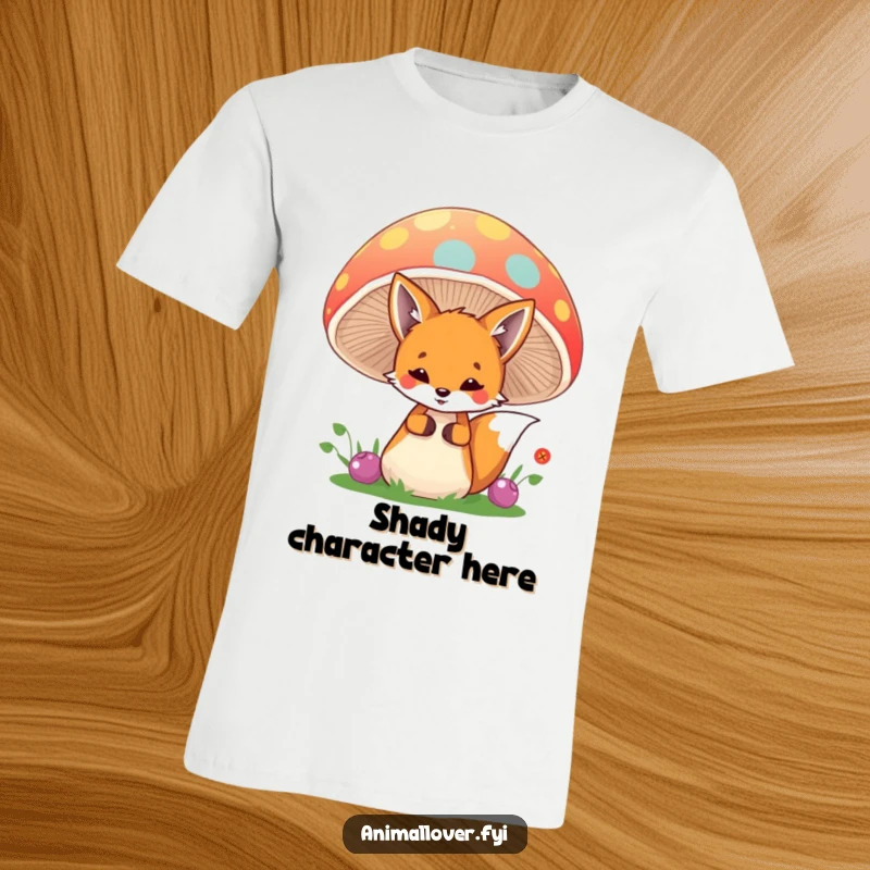 Funny fox t-shirt featuring a cute, playful fox peeking from behind a large, colorful mushroom, great for nature lovers.