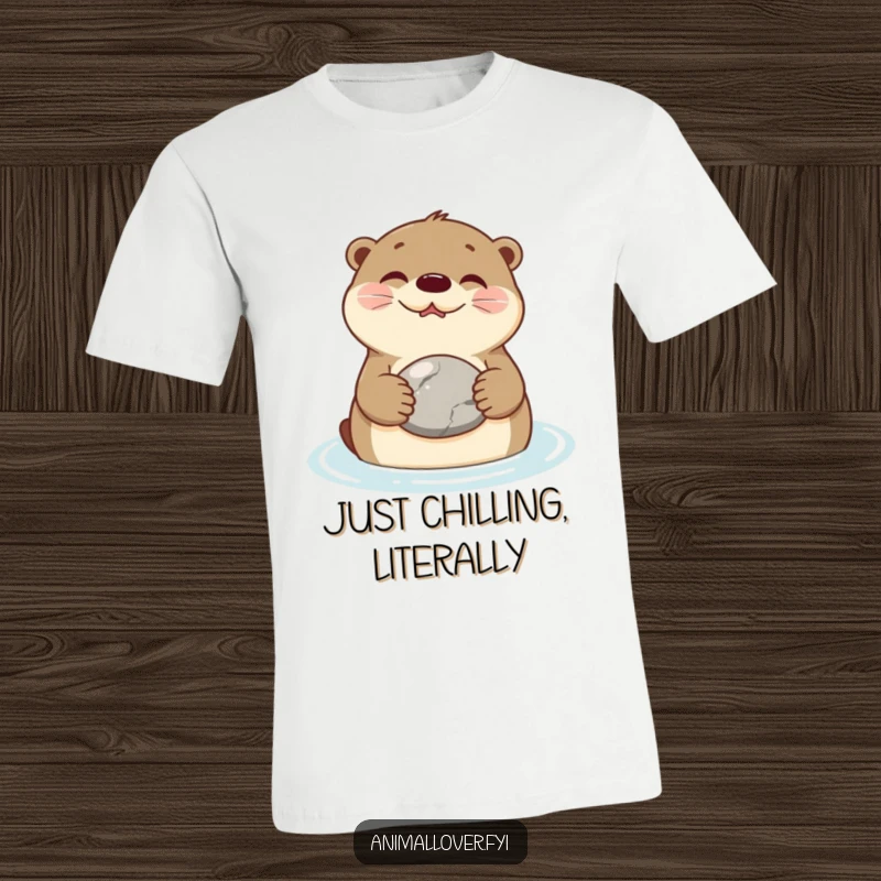 Funny T-Shirt depicting a smiling otter floating on its back, clutching a stone, embodying ultimate relaxation and aquatic bliss.
