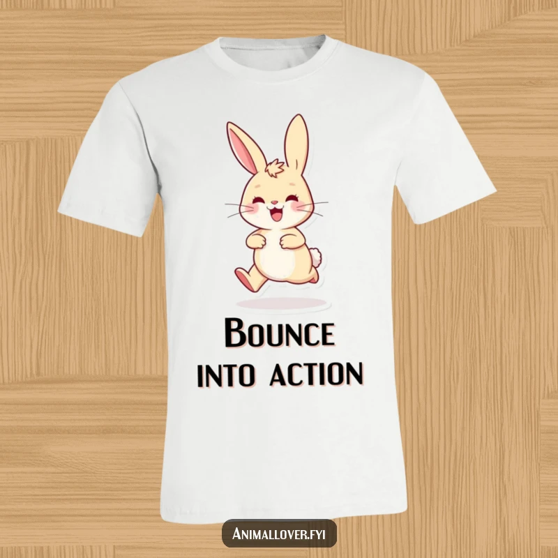 Funny playful rabbit t-shirt hopping excitedly with ears perked high, radiating cheerful energy and boundless enthusiasm.