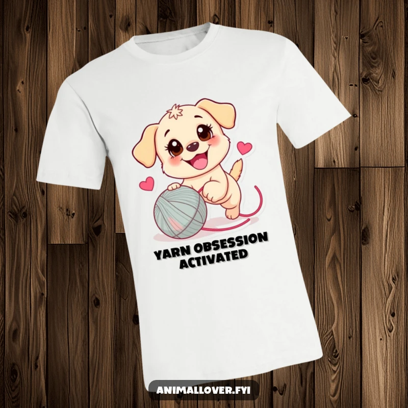 Funny Puppy T-Shirt: A happy-go-lucky puppy joyfully chases a heart-adorned yarn ball in a vibrant, comical design.