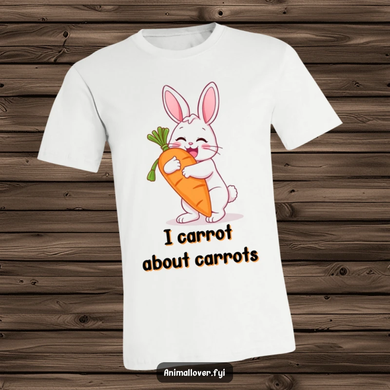 Funny t-shirt with a cheerful bunny in a loving embrace with a colossal carrot, showcasing pure delight. A fantastic present.