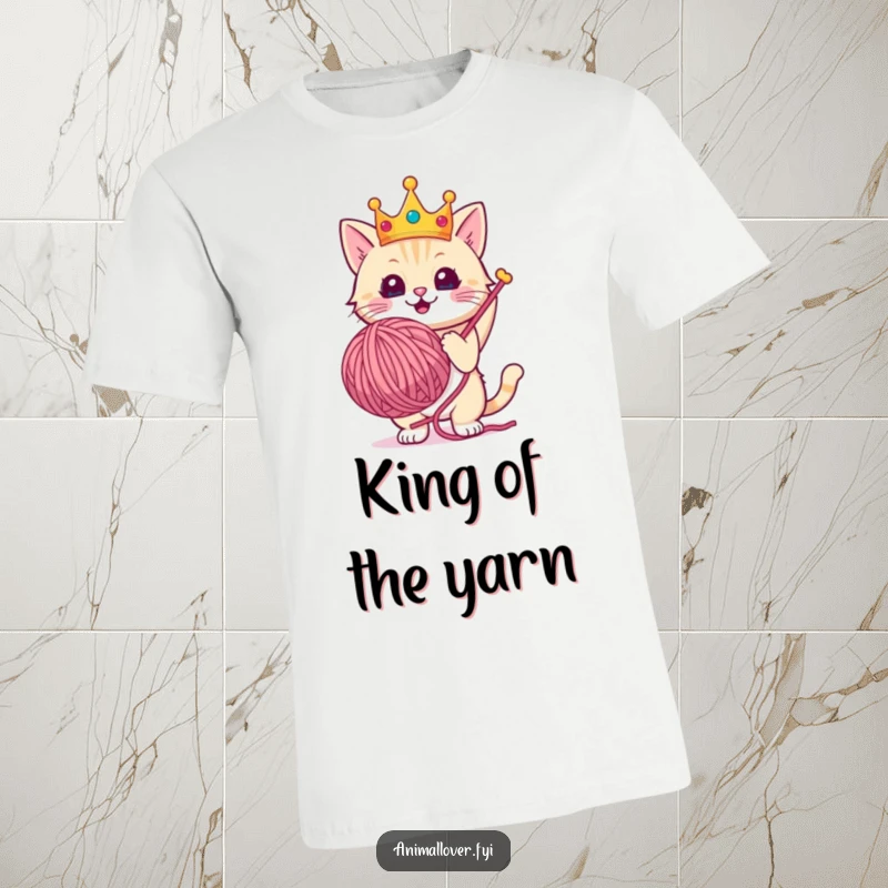 Funny t-shirt featuring a triumphant cat wearing a royal crown, proudly holding an oversized ball of yarn.
