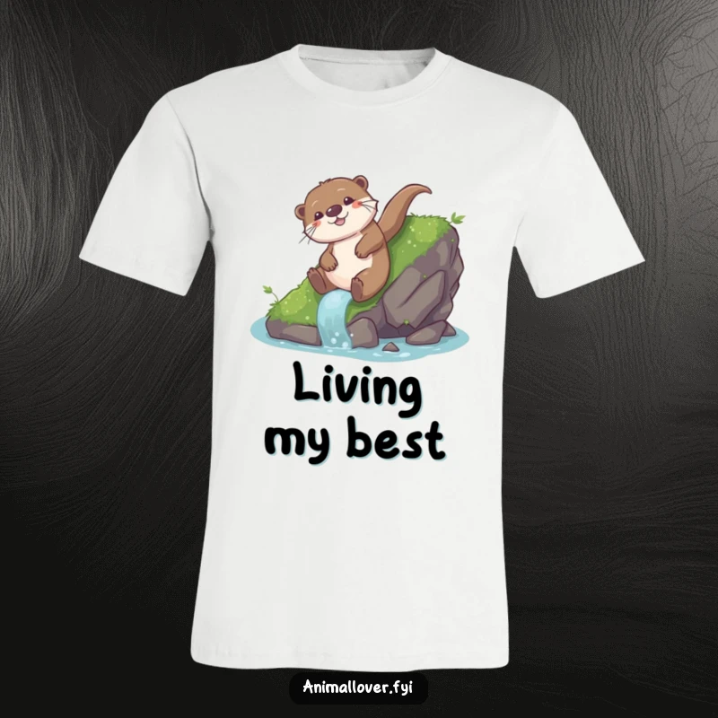 Funny otter t-shirt depicting a playful otter sliding down a mossy rock with an expression of utter glee and excitement.