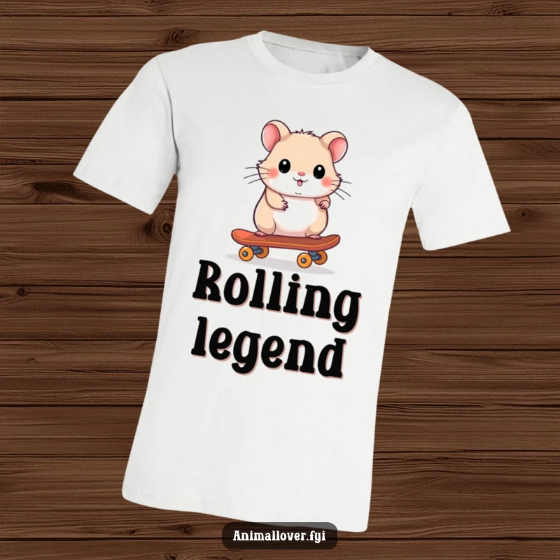Funny t-shirt of a playful hamster skillfully riding a tiny skateboard, showcasing impressive balance and cool.