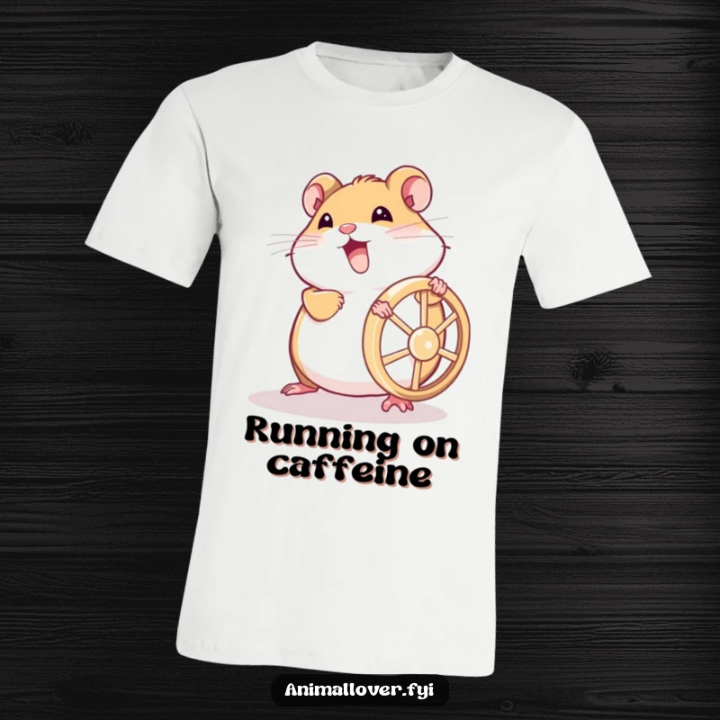 Funny hamster t-shirt depicting a happy hamster intensely pushing its wheel, showcasing strength and a humorous workout.