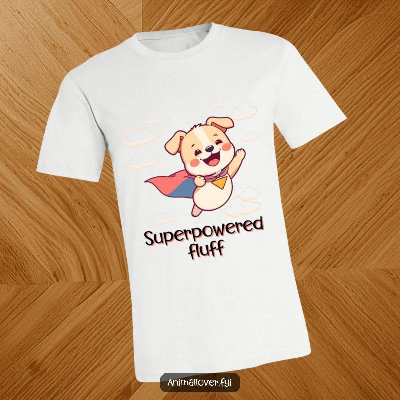 Funny t-shirt showcasing a joyful dog hero in a cape flying majestically through fluffy clouds.