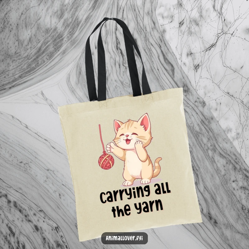 Funny tote bag with a kitten playfully tangled in yarn, ideal for errands and adding humor. A charming accessory.